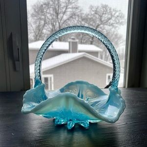 Fenton blue opalescent 7” glass basket